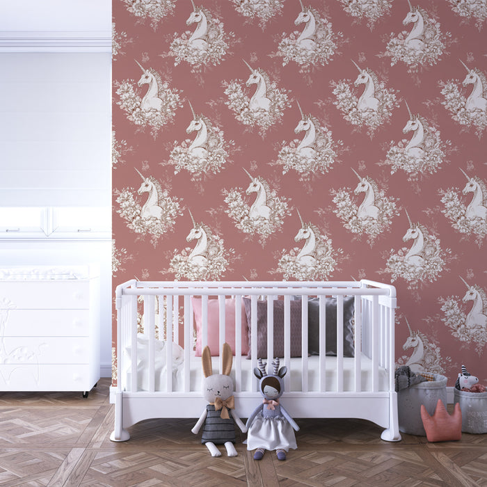 Papier peint chambre enfant à motifs | Licornes au milieu de fleurs délicates