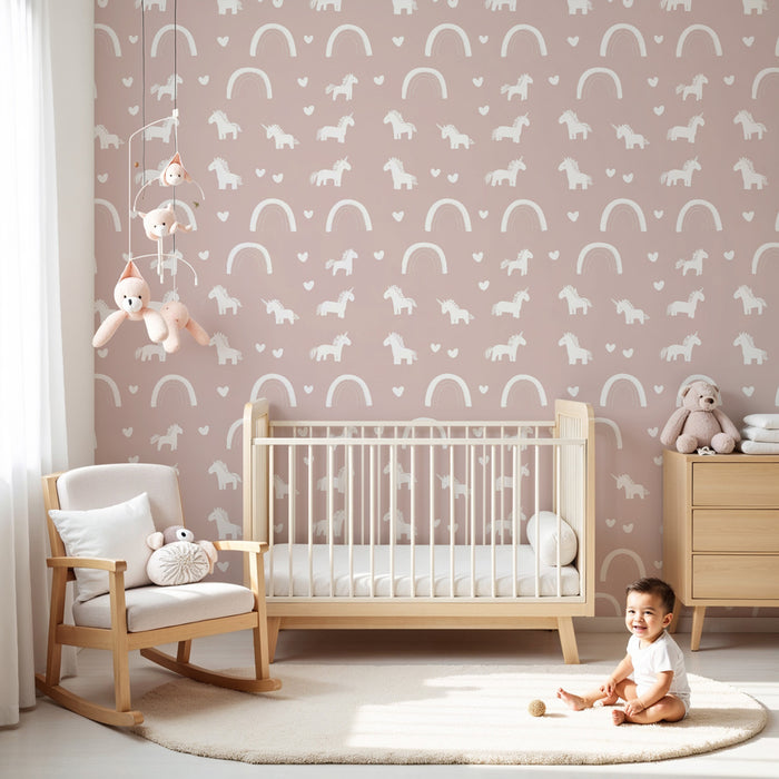 Papier peint chambre enfant à motifs | Licornes et arcs-en-ciel sur fond rose