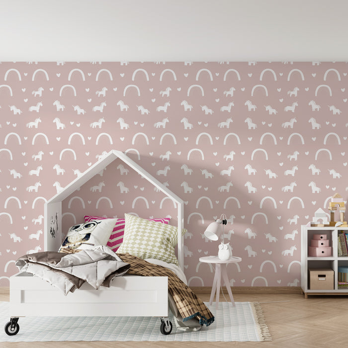 Papier peint chambre enfant à motifs | Licornes et arcs-en-ciel sur fond rose