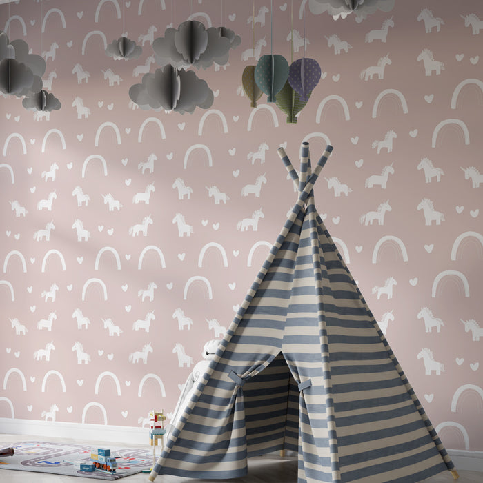Papier peint chambre enfant à motifs | Licornes et arcs-en-ciel sur fond rose