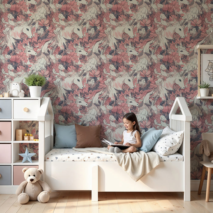 Papier peint chambre enfant à motifs | Licornes et fleurs douces