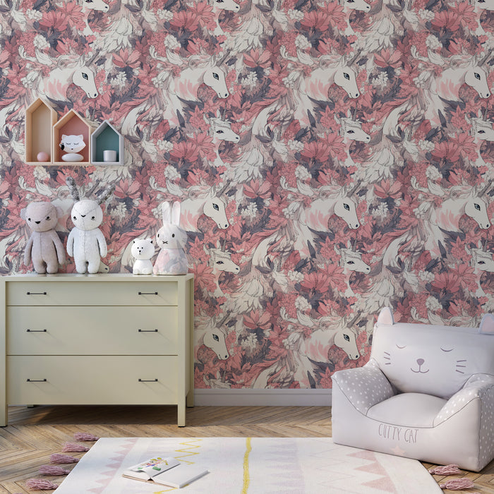 Papier peint chambre enfant à motifs | Licornes et fleurs douces