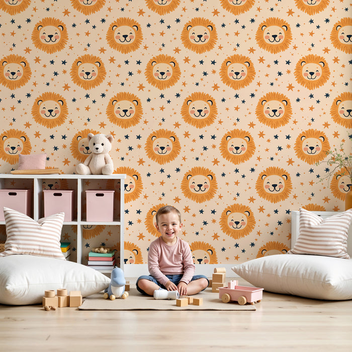 Papier peint chambre enfant à motifs | Lions joyeux et étoiles