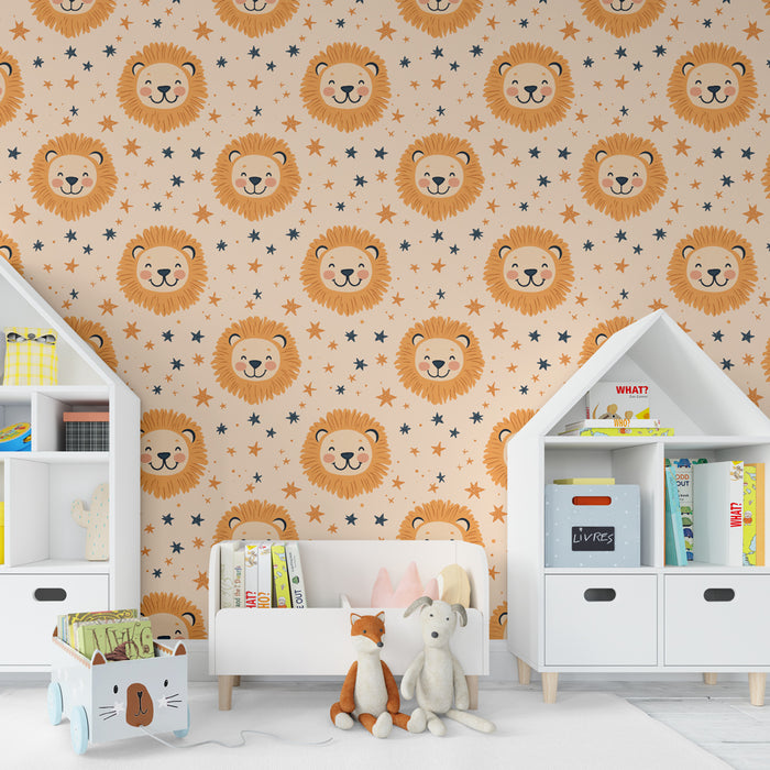 Papier peint chambre enfant à motifs | Lions joyeux et étoiles
