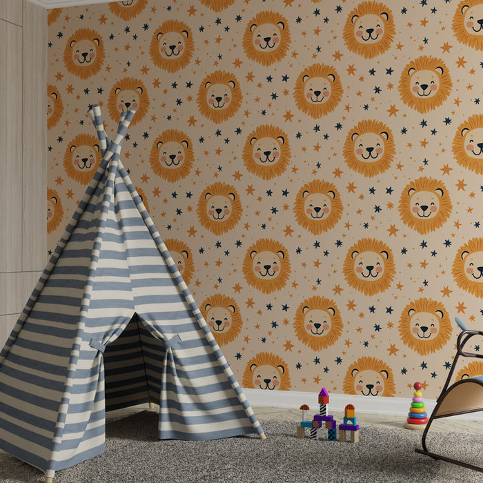 Papier peint chambre enfant à motifs | Lions joyeux et étoiles