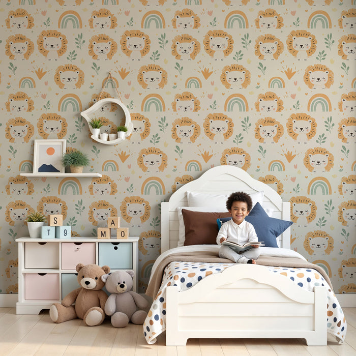 Papier peint chambre enfant à motifs | Lions adorables et arcs-en-ciel colorés