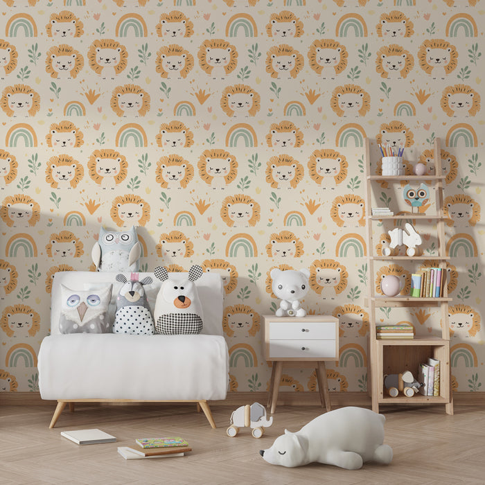 Papier peint chambre enfant à motifs | Lions adorables et arcs-en-ciel colorés