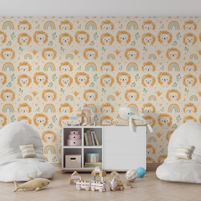 Papier peint chambre enfant à motifs | Lions adorables et arcs-en-ciel colorés