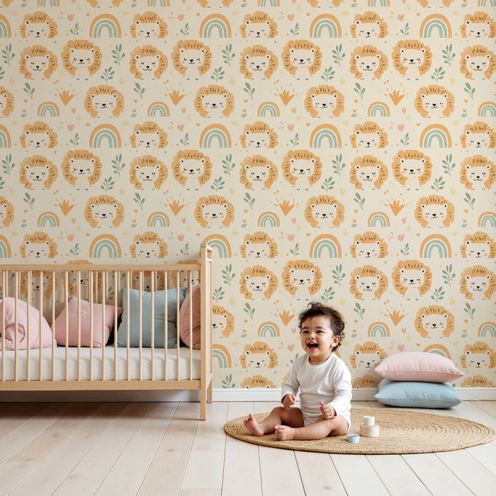 Papier peint chambre enfant à motifs | Lions mignons et arcs-en-ciel colorés