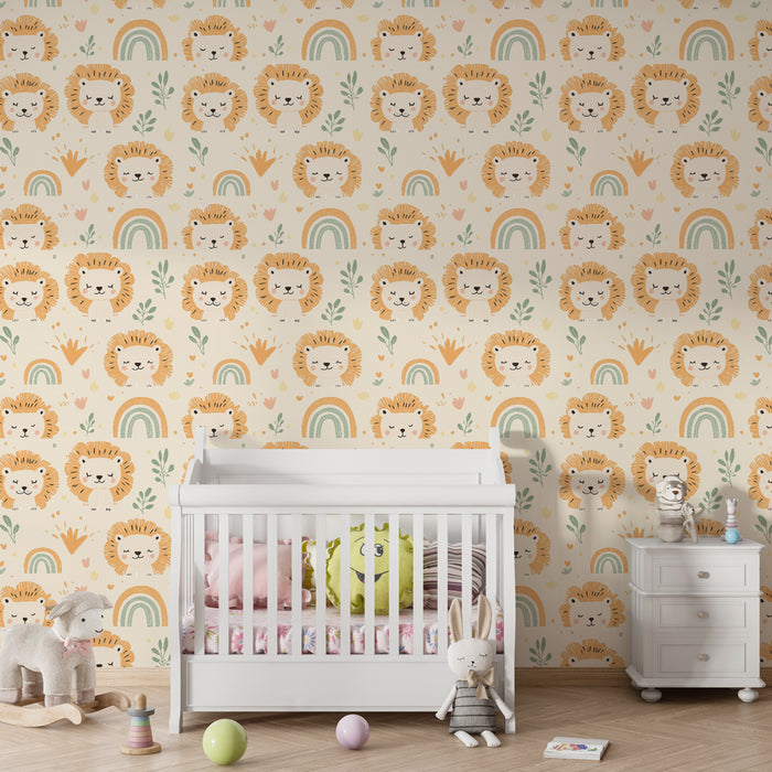 Papier peint chambre enfant à motifs | Lions mignons et arcs-en-ciel colorés