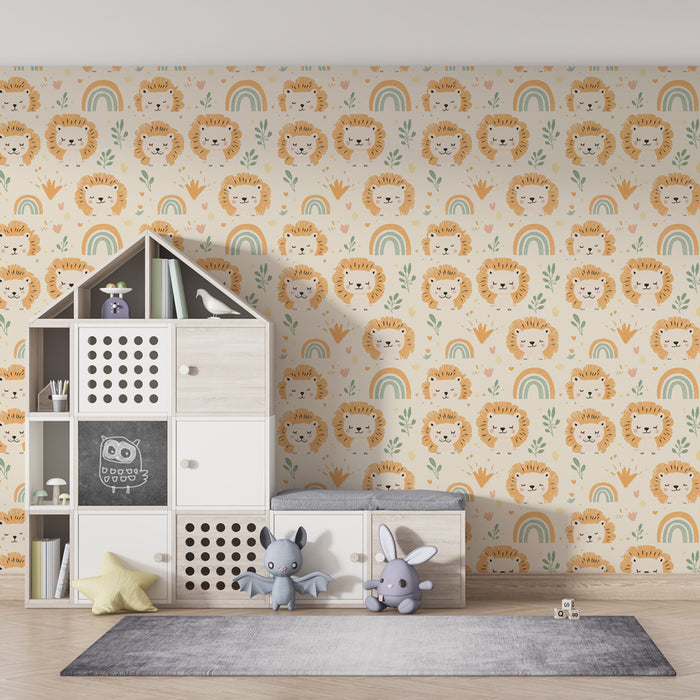 Papier peint chambre enfant à motifs | Lions mignons et arcs-en-ciel colorés
