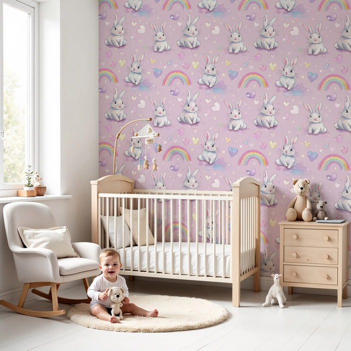Papier peint chambre enfant à motifs | Mignons lapins sur fond rose