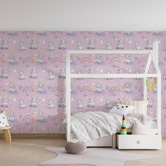 Papier peint chambre enfant à motifs | Mignons lapins sur fond rose