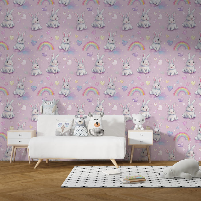 Papier peint chambre enfant à motifs | Mignons lapins sur fond rose