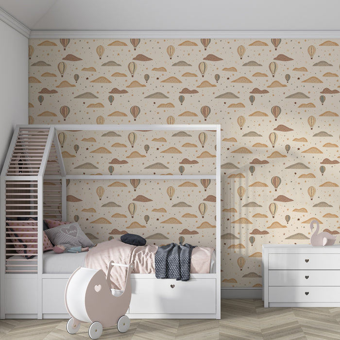 Papier peint chambre enfant à motifs | Montgolfières et paysages doux