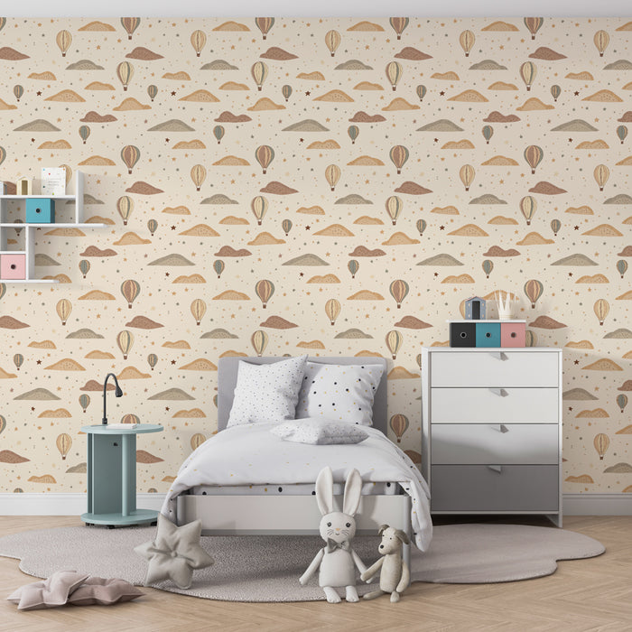 Papier peint chambre enfant à motifs | Montgolfières et paysages doux