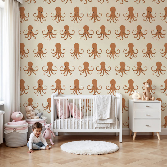 Papier peint chambre enfant à motifs | Motif de pieuvres amusantes sur fond crème