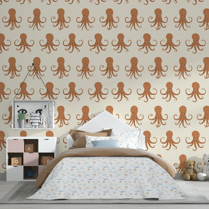 Papier peint chambre enfant à motifs | Motif de pieuvres amusantes sur fond crème