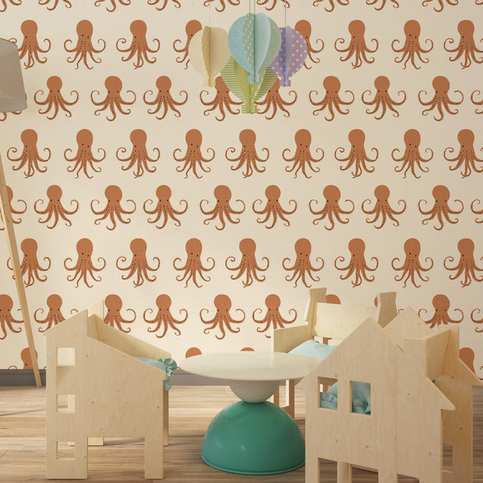 Papier peint chambre enfant à motifs | Motif de pieuvres amusantes sur fond crème