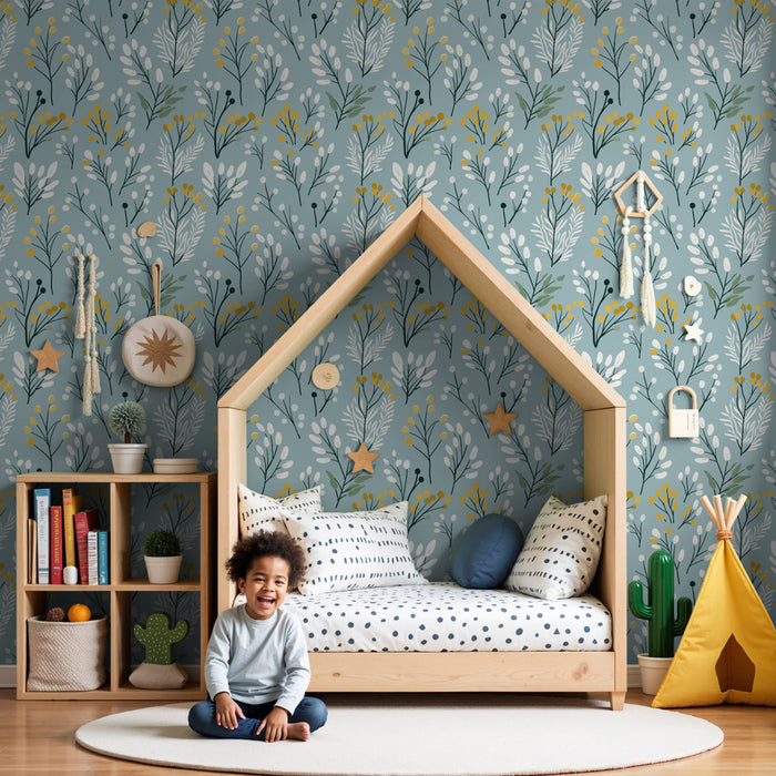 Papier peint chambre enfant à motifs | Motifs floraux délicats sur fond bleu