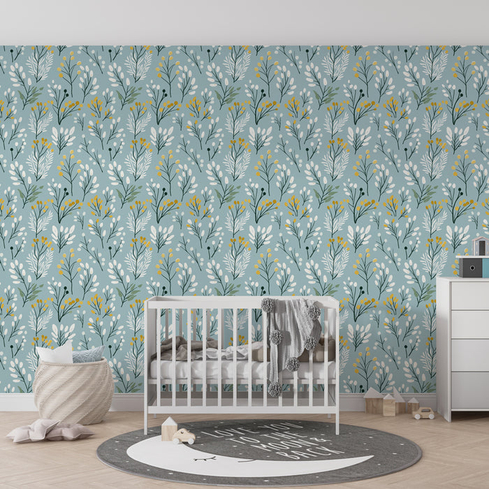 Papier peint chambre enfant à motifs | Motifs floraux délicats sur fond bleu