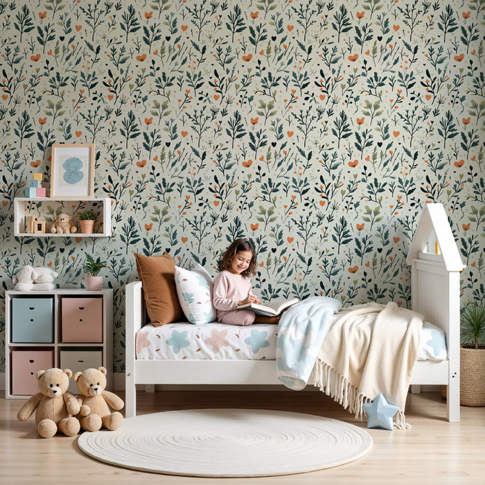Papier peint chambre enfant à motifs | Motifs floraux délicats sur fond clair