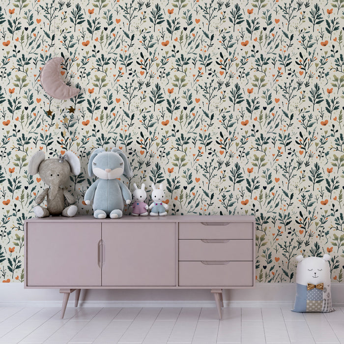 Papier peint chambre enfant à motifs | Motifs floraux délicats sur fond clair