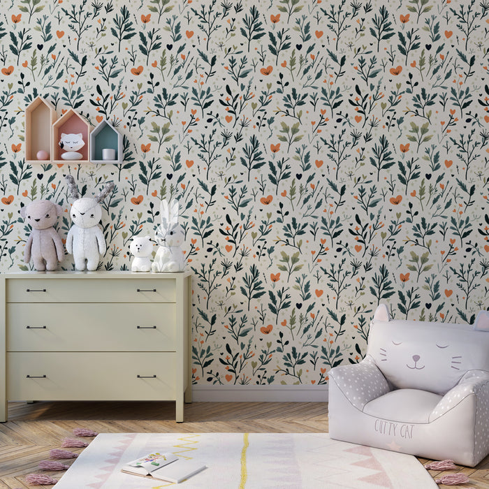 Papier peint chambre enfant à motifs | Motifs floraux délicats sur fond clair