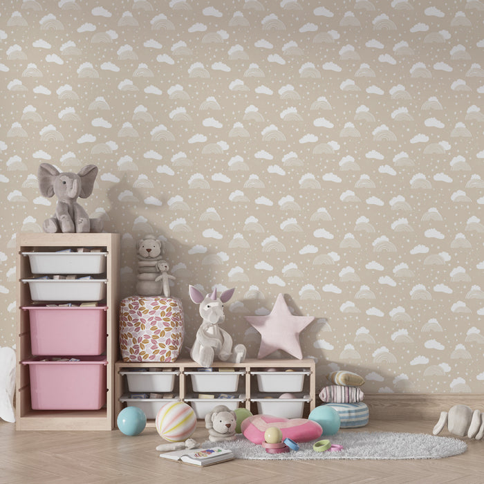 Papier peint chambre enfant à motifs | Nuages et arcs-en-ciel dans des tons doux