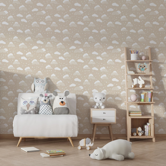 Papier peint chambre enfant à motifs | Nuages et arcs-en-ciel dans des tons doux