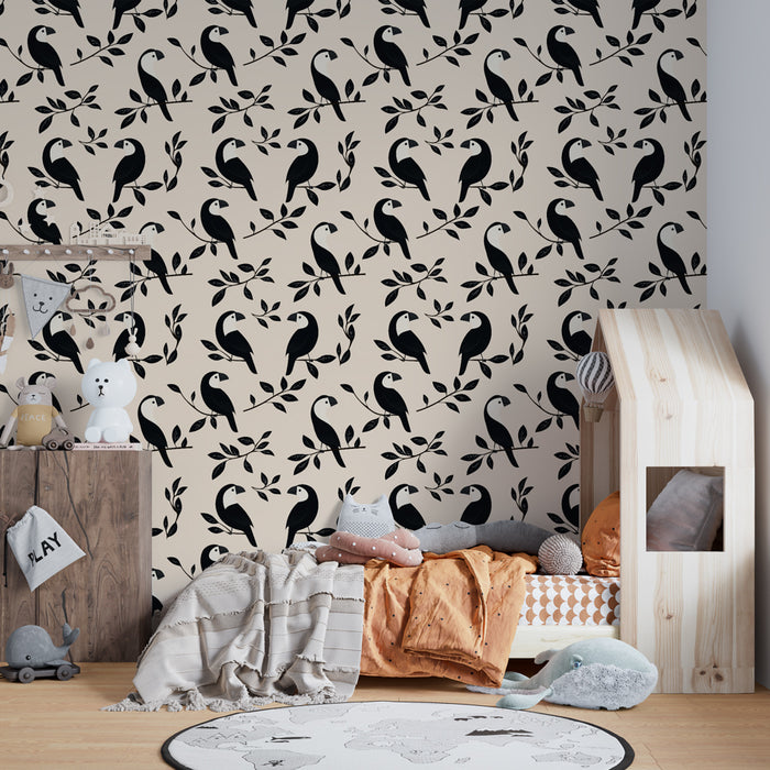Papier peint chambre enfant à motifs | Oiseaux stylisés sur fond beige