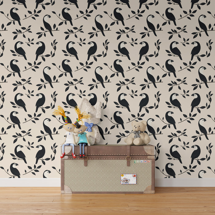Papier peint chambre enfant à motifs | Oiseaux stylisés sur fond beige