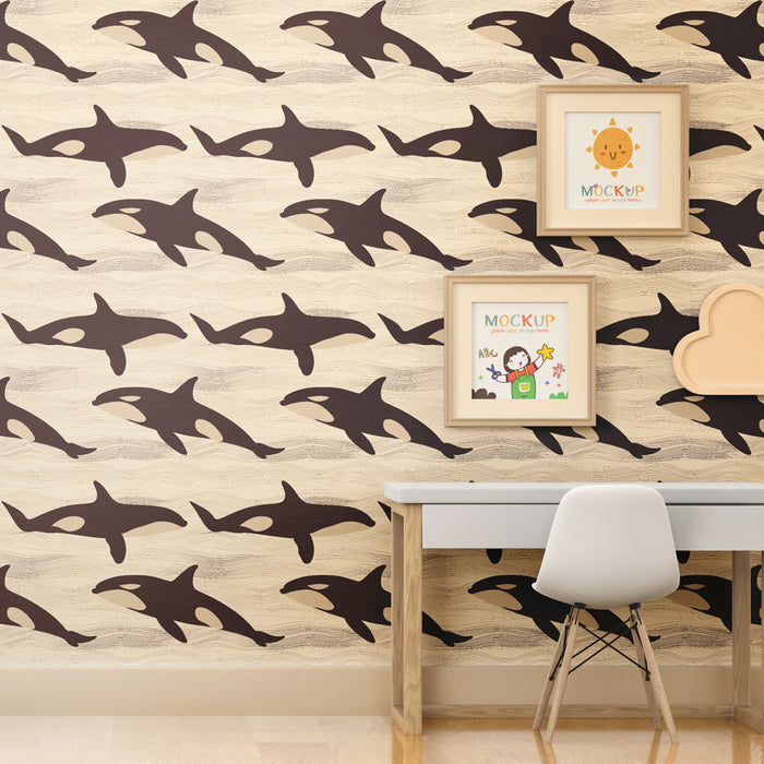 Papier peint chambre enfant à motifs | Orques dans des vagues apaisantes