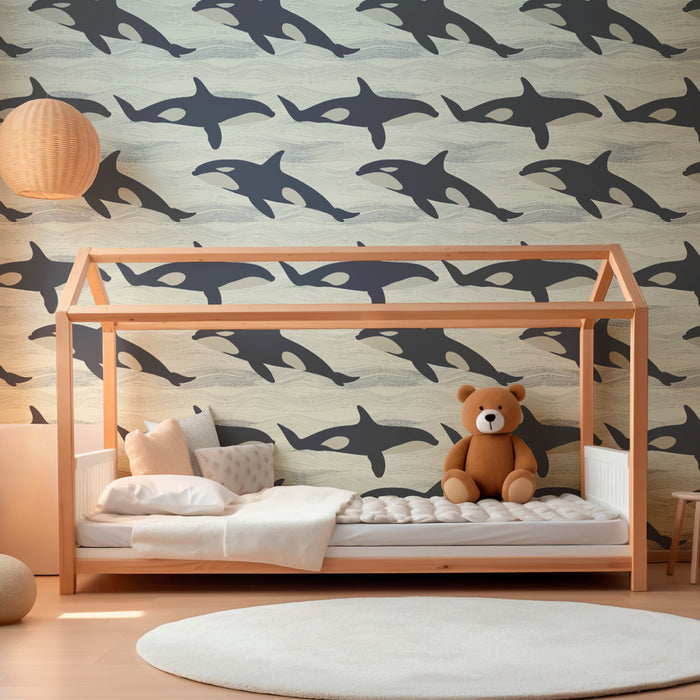 Papier peint chambre enfant à motifs | Orques dans des vagues apaisantes