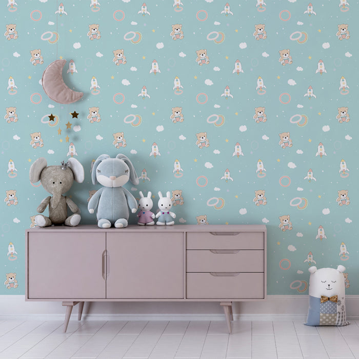 Papier peint chambre enfant à motifs | Ours mignons et fusées colorées sur fond bleu