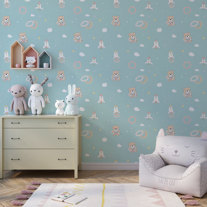 Papier peint chambre enfant à motifs | Ours mignons et fusées colorées sur fond bleu