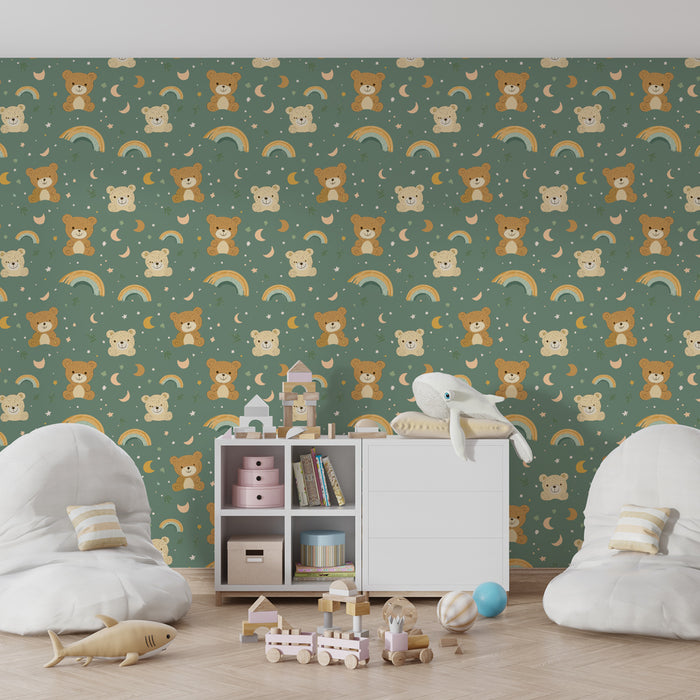 Papier peint chambre enfant à motifs | Oursons joyeux et arc-en-ciel coloré
