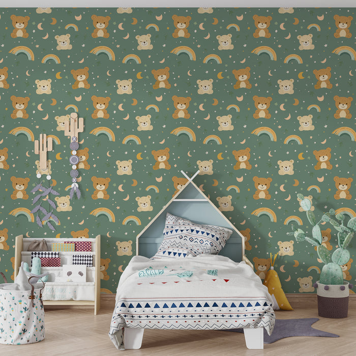 Papier peint chambre enfant à motifs | Oursons joyeux et arc-en-ciel coloré