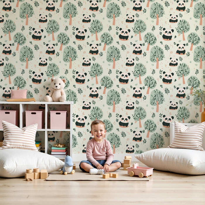 Papier peint chambre enfant à motifs | Pandas espiègles parmi les arbres
