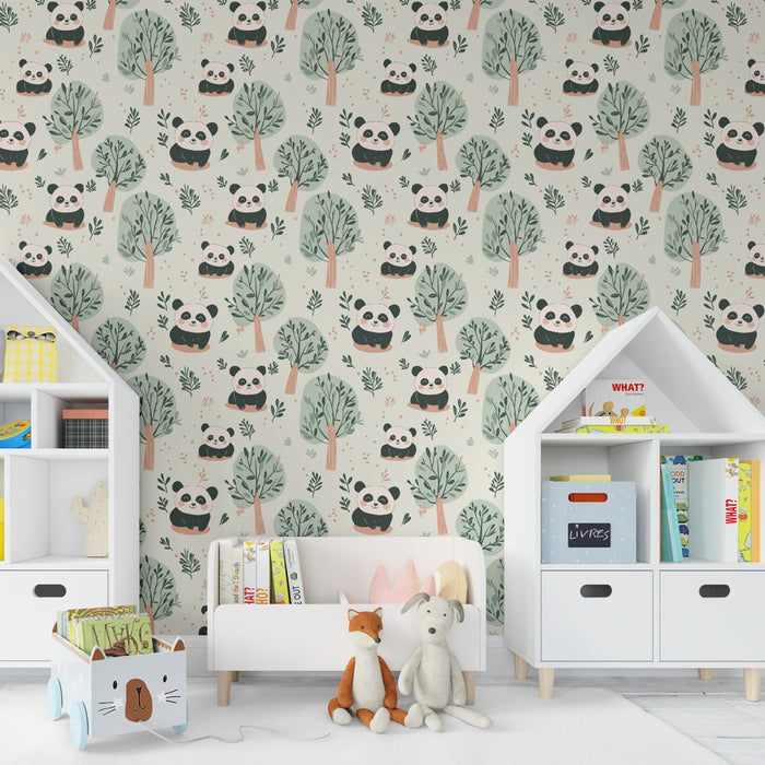 Papier peint chambre enfant à motifs | Pandas espiègles parmi les arbres