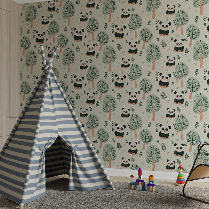 Papier peint chambre enfant à motifs | Pandas espiègles parmi les arbres