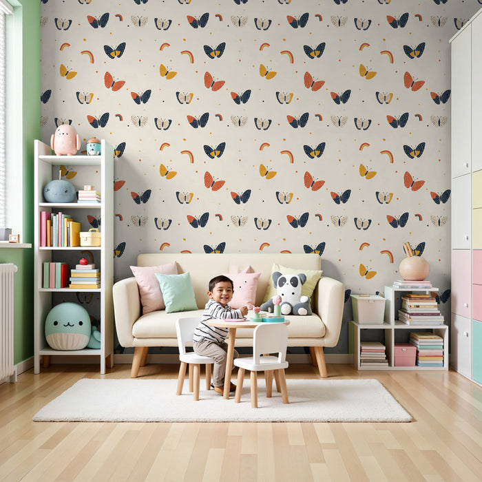 Papier peint chambre enfant à motifs | Papillons colorés et arcs-en-ciel sur fond crème