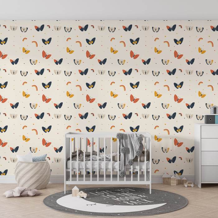 Papier peint chambre enfant à motifs | Papillons colorés et arcs-en-ciel sur fond crème