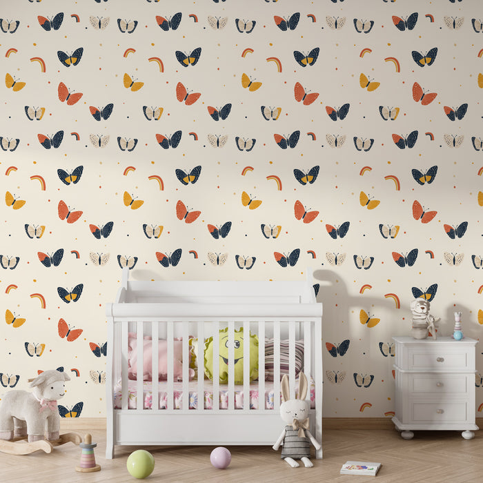 Papier peint chambre enfant à motifs | Papillons colorés et arcs-en-ciel sur fond crème