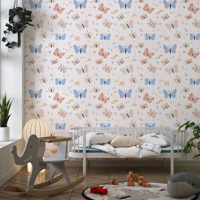 Papier peint chambre enfant à motifs | Papillons colorés sur fond doux