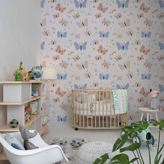 Papier peint chambre enfant à motifs | Papillons colorés sur fond doux