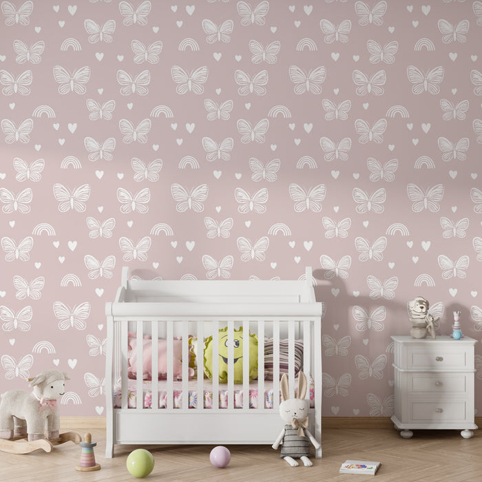 Papier peint chambre enfant à motifs | Papillons délicats et arc-en-ciel sur fond rose