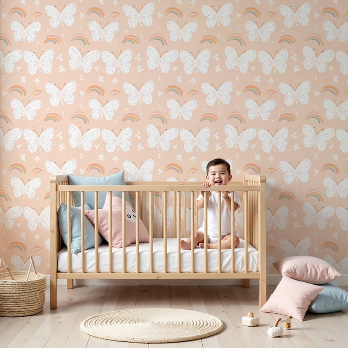 Papier peint chambre enfant à motifs | Papillons et arc-en-ciel sur fond rose