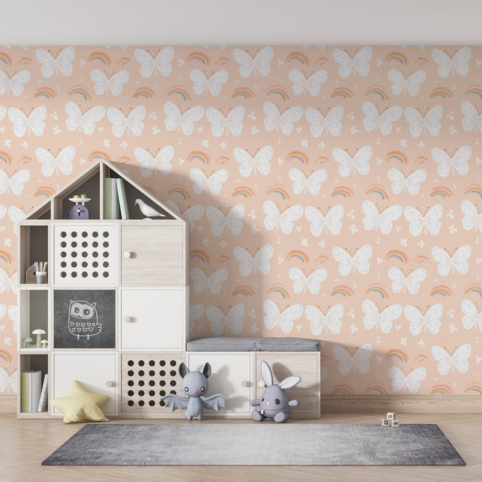 Papier peint chambre enfant à motifs | Papillons et arc-en-ciel sur fond rose