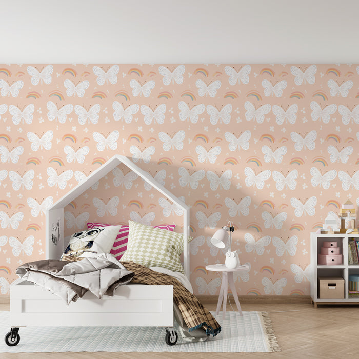 Papier peint chambre enfant à motifs | Papillons et arc-en-ciel sur fond rose